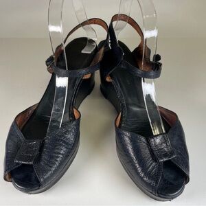 Size 10 Black Re-Mix Paseo 1940's 50s Vintage Wedge Leather Open Toe Retro Wide